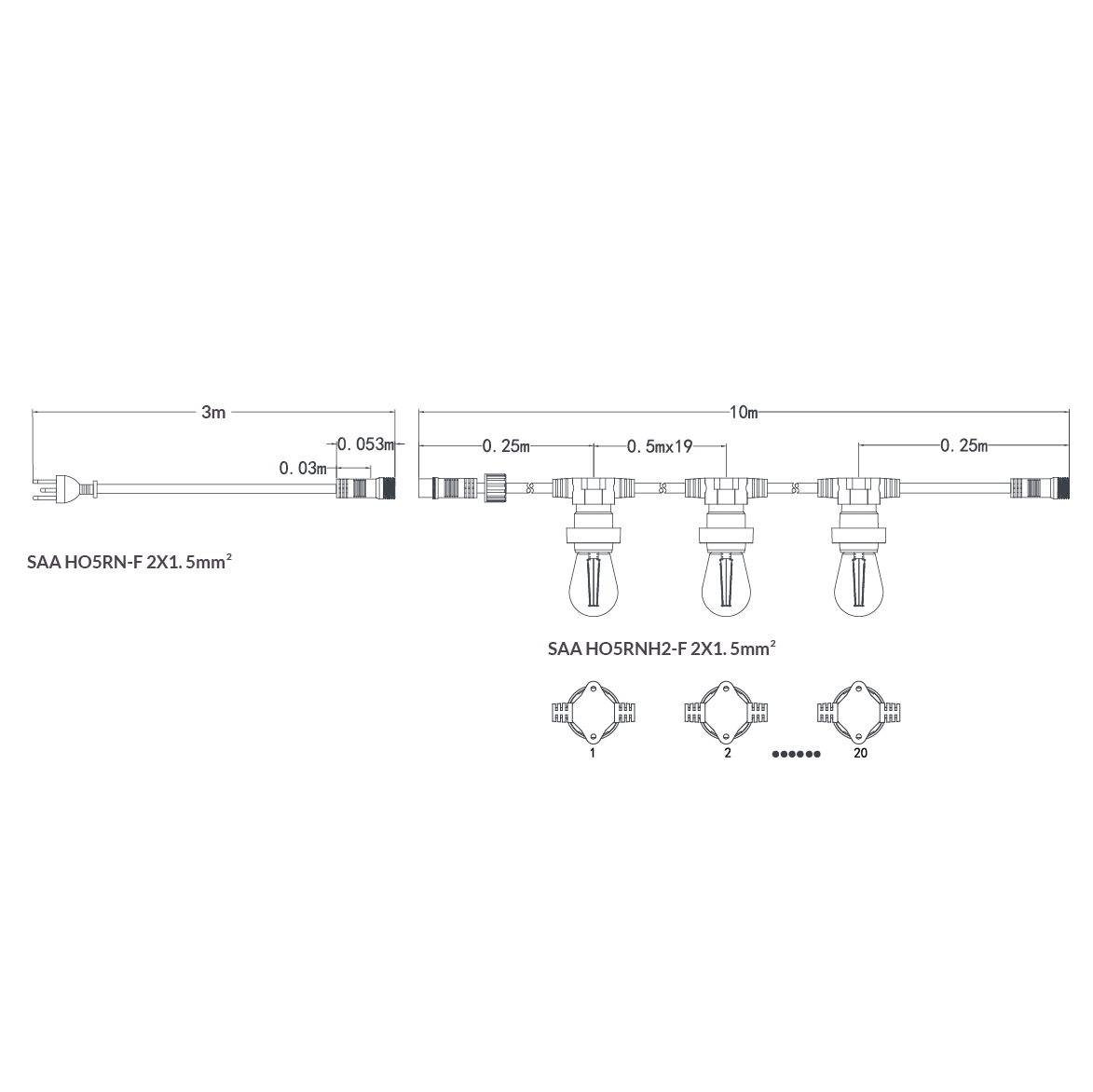 10M Festoon String Lights at 50 cm intervals with LED Bulbs