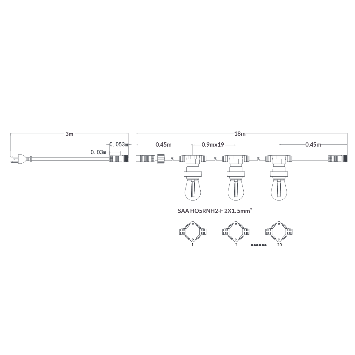 18M Festoon String Lights at 90 cm intervals with LED Bulbs