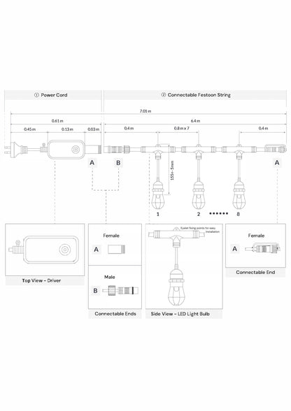 Smart RGBCW Festoon String Lights – App & Voice Control (6.4M–40M)