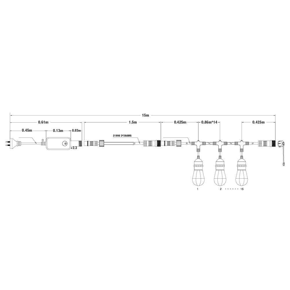 15m Smart Festoon String Lights with 15 LED Bulb