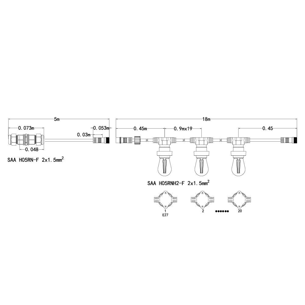 Dimmable Low Voltage Commercial LED Festoon Kit at 90cm intervals